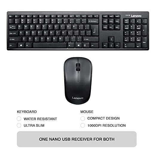 Lenovo 100 Wireless Keboard and Mouse Combo (GX30L66-303) (USB || 1000 DPI || Mouse Optical Sensor, Upto 3M Clicks || Ultra Slim Water Resistant Keyboard || 2.4 GHz Wireless Nano USB || 12 Months Warranty)